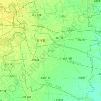 香河县 topographic map, elevation, terrain