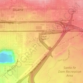 Santa Fe Dam topographic map, elevation, terrain