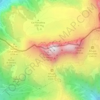 Tre Cime di Lavaredo topographic map, elevation, terrain